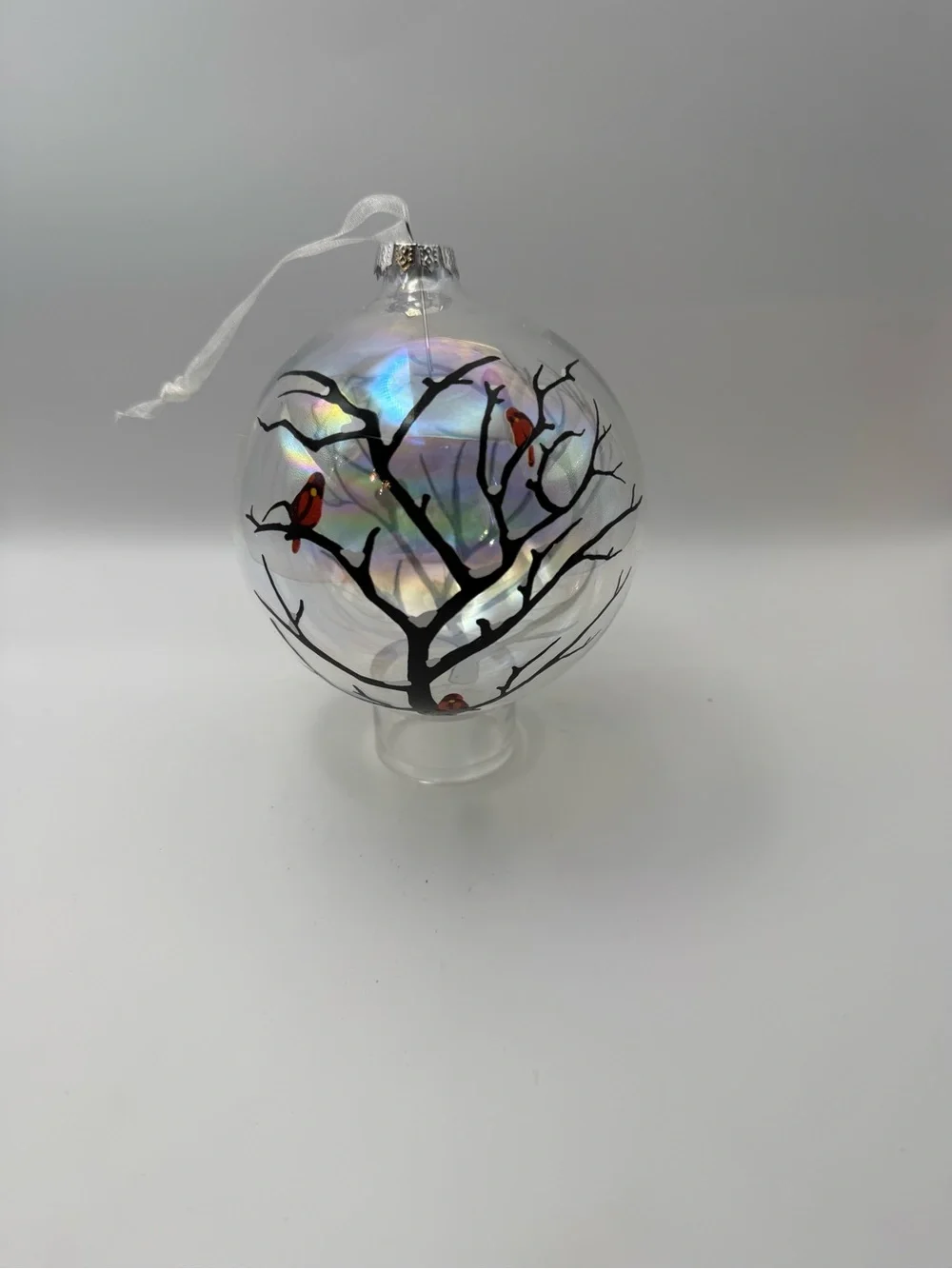 Source Unknown Iridescent Glass Ornament with Red Bird Motif
